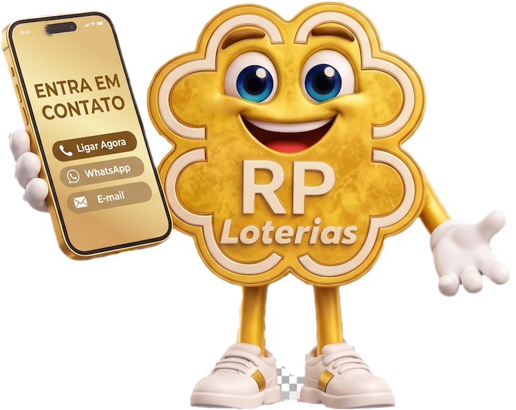 Mascote da RP Loterias mostrando as opções de contato no celular